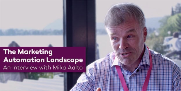 A screencap taken from an interview video with Mika Aalto at Automation Day 2017 with white text that reads the marketing automation landscape: an interview with Mika Aalto