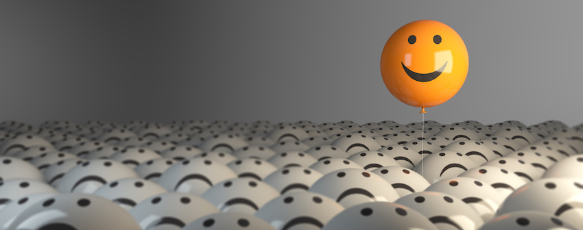 Smiling Sphere Balloon in the middle of grey crowd. ( 3d render )
